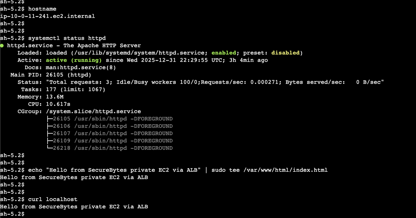 Apache installed and running on the private instance